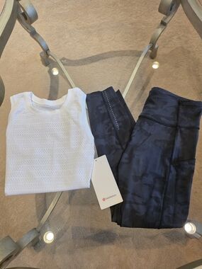 lululemon White Perforated Tank with Black Camo Leggings